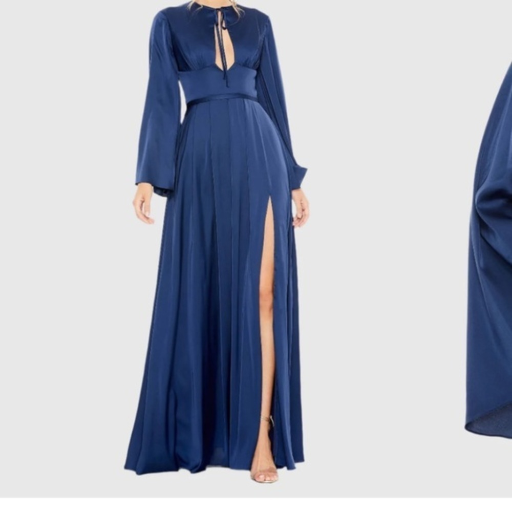 NWT | Mac Duggal Blue Charmeuse Soft Tie Keyhole Bell Sleeve Gown Size 6